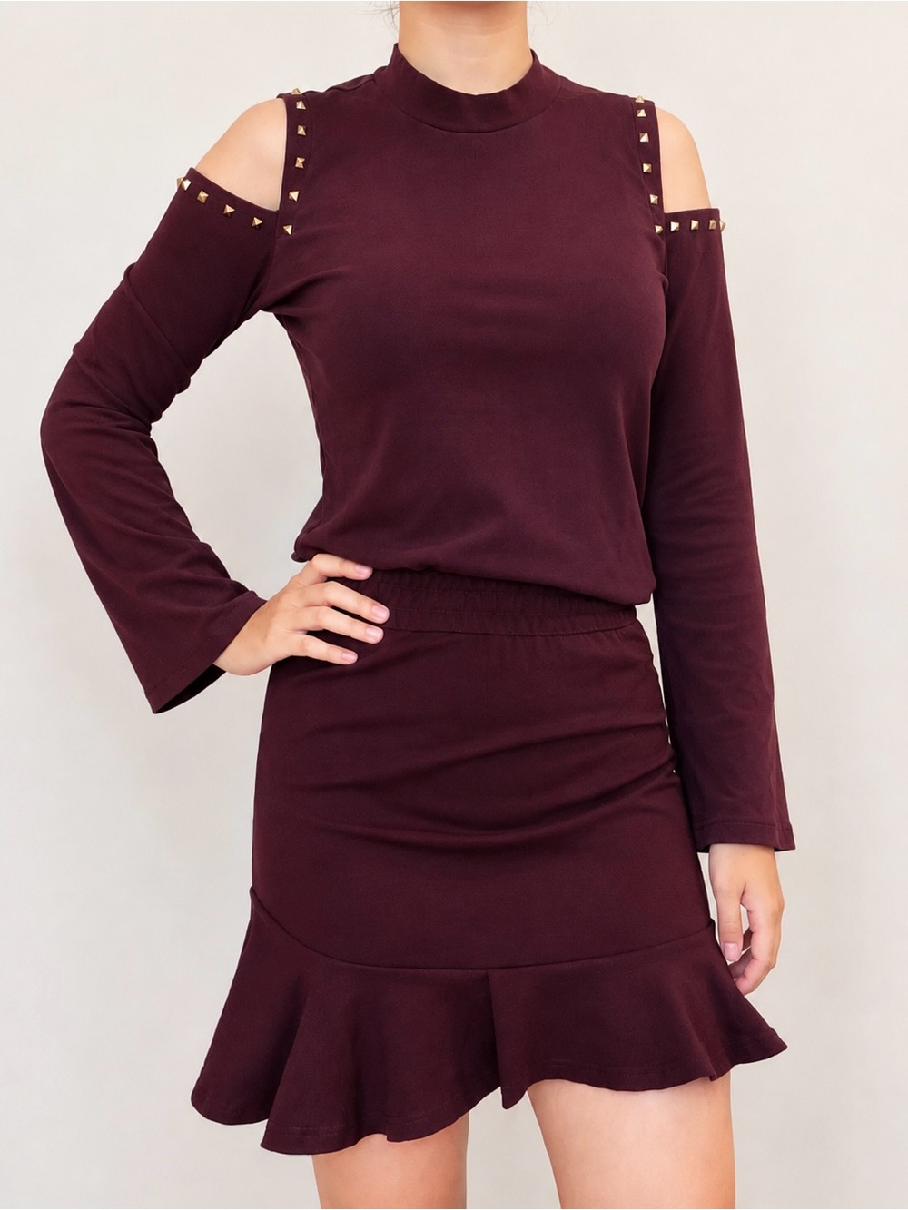 Cold-Shoulder Studded Plum Two-Piece Set
